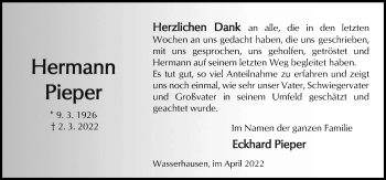 Traueranzeige von Hermann Pieper von Neue Osnabrücker Zeitung GmbH & Co. KG