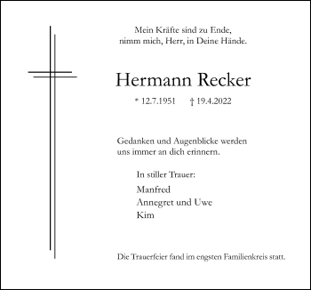 Traueranzeige von Hermann Recker von Neue Osnabrücker Zeitung GmbH & Co. KG
