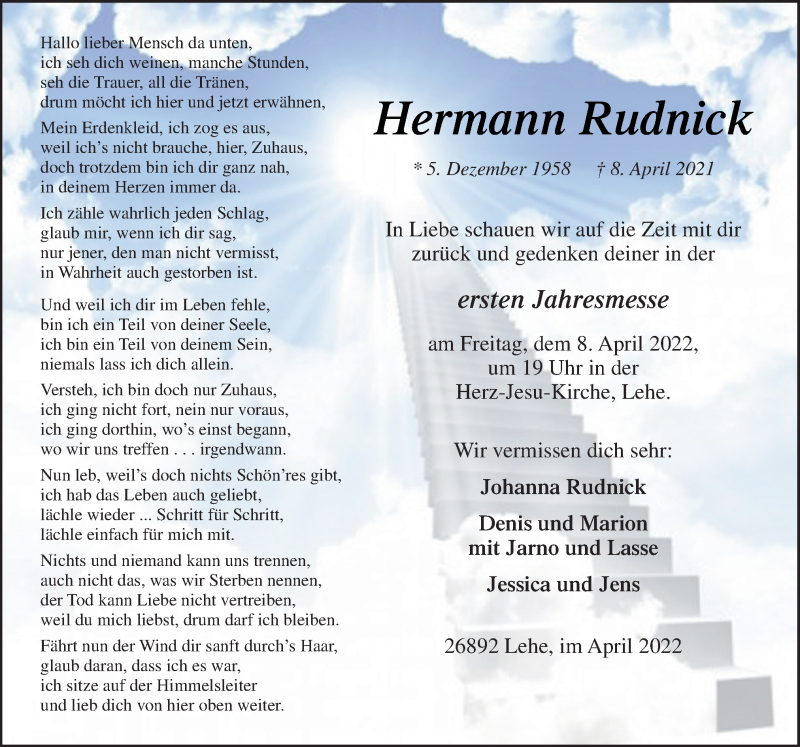  Traueranzeige für Hermann Rudnick vom 06.04.2022 aus Neue Osnabrücker Zeitung GmbH & Co. KG