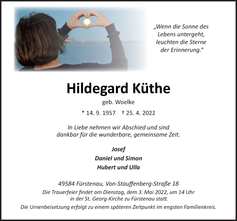  Traueranzeige für Hildegard Küthe vom 30.04.2022 aus Neue Osnabrücker Zeitung GmbH & Co. KG