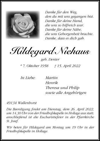 Traueranzeige von Hildegard Niehaus von Neue Osnabrücker Zeitung GmbH & Co. KG