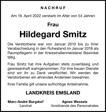 Traueranzeige von Hildegard Smitz von Neue Osnabrücker Zeitung GmbH & Co. KG