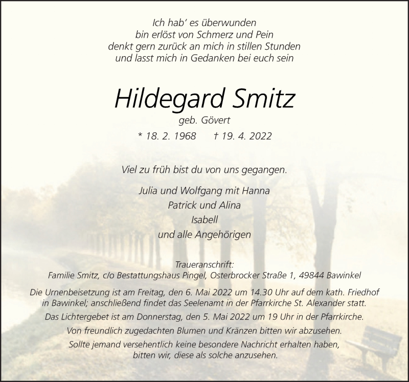  Traueranzeige für Hildegard Smitz vom 23.04.2022 aus Neue Osnabrücker Zeitung GmbH & Co. KG