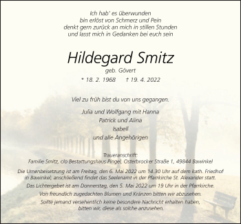 Traueranzeige von Hildegard Smitz von Neue Osnabrücker Zeitung GmbH & Co. KG