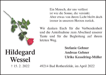 Traueranzeige von Hildegard Wessel von Neue Osnabrücker Zeitung GmbH & Co. KG