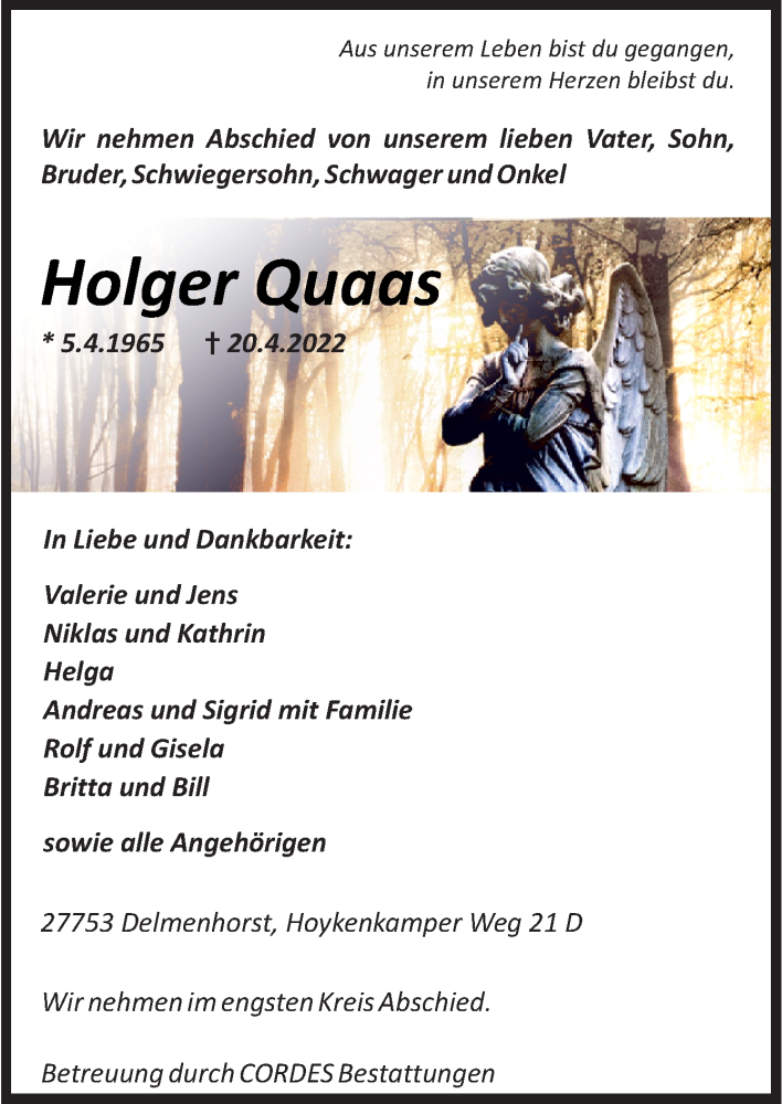  Traueranzeige für Holger Quaas vom 30.04.2022 aus DK Medien GmbH & Co. KG
