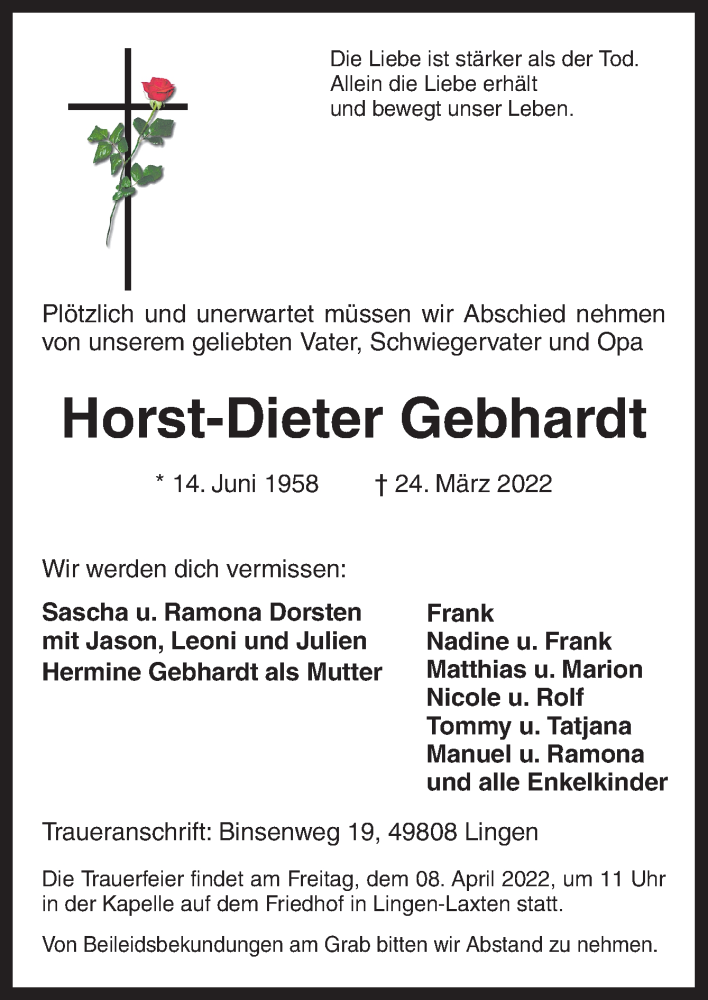  Traueranzeige für Horst-Dieter Gebhardt vom 02.04.2022 aus Neue Osnabrücker Zeitung GmbH & Co. KG
