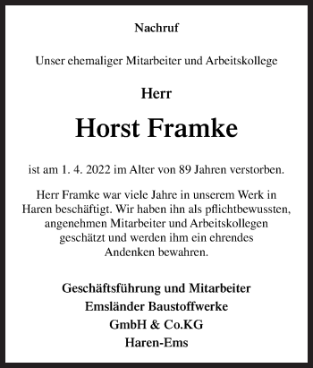 Traueranzeige von Horst Framke von Neue Osnabrücker Zeitung GmbH & Co. KG