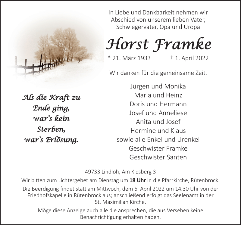  Traueranzeige für Horst Framke vom 04.04.2022 aus Neue Osnabrücker Zeitung GmbH & Co. KG