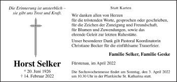 Traueranzeige von Horst Selker von Neue Osnabrücker Zeitung GmbH & Co. KG