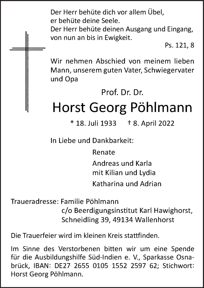  Traueranzeige für Horst Georg Pöhlmann vom 13.04.2022 aus Neue Osnabrücker Zeitung GmbH & Co. KG