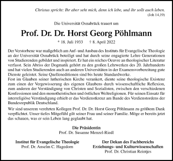 Traueranzeige von Horst Georg Pöhlmann von Neue Osnabrücker Zeitung GmbH & Co. KG