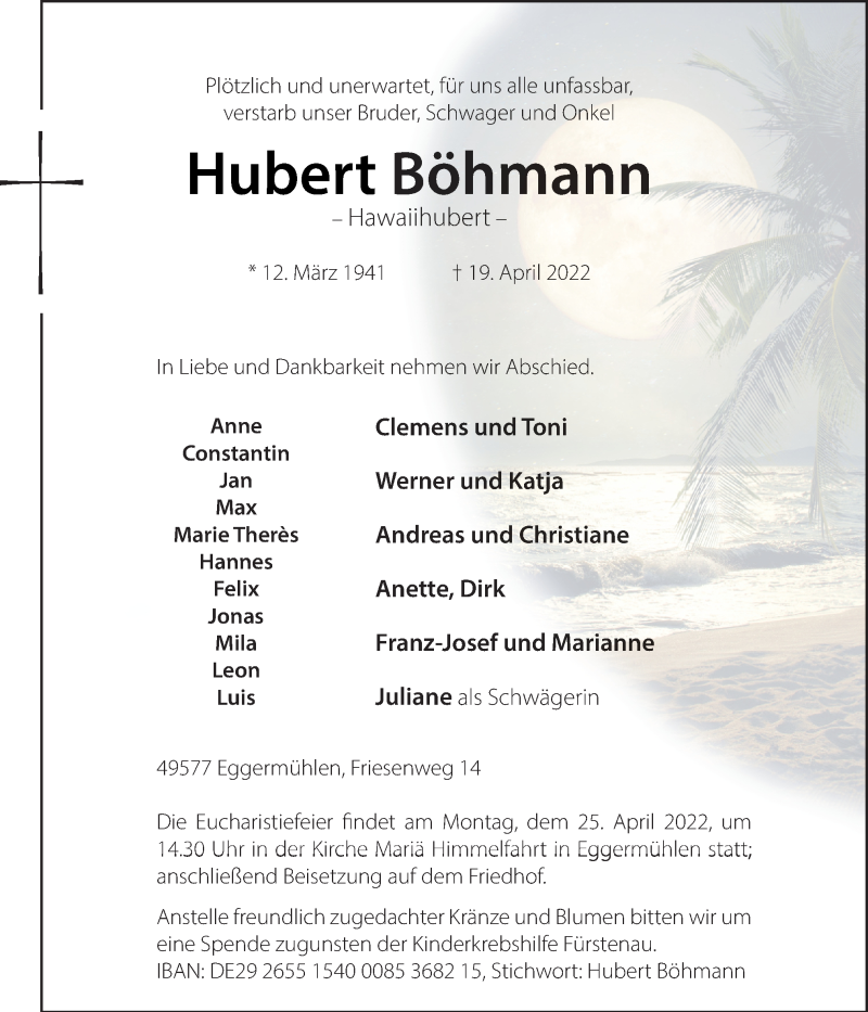  Traueranzeige für Hubert Böhmann vom 21.04.2022 aus Neue Osnabrücker Zeitung GmbH & Co. KG