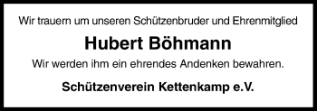 Traueranzeige von Hubert Böhmann von Neue Osnabrücker Zeitung GmbH & Co. KG