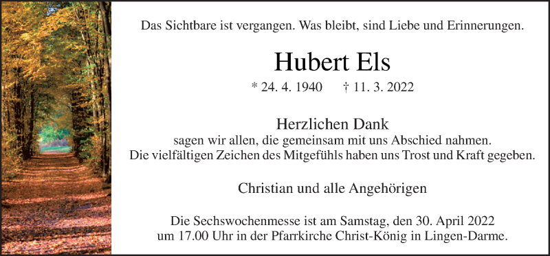  Traueranzeige für Hubert Els vom 27.04.2022 aus Neue Osnabrücker Zeitung GmbH & Co. KG