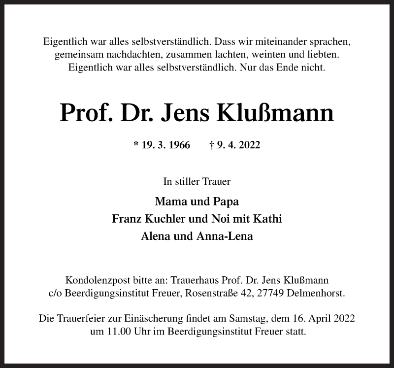  Traueranzeige für Jens Klußmann vom 13.04.2022 aus Neue Osnabrücker Zeitung GmbH & Co. KG