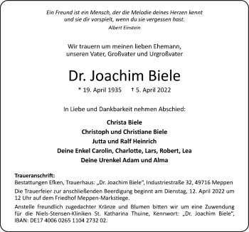 Traueranzeige von Joachim Biele von Neue Osnabrücker Zeitung GmbH & Co. KG