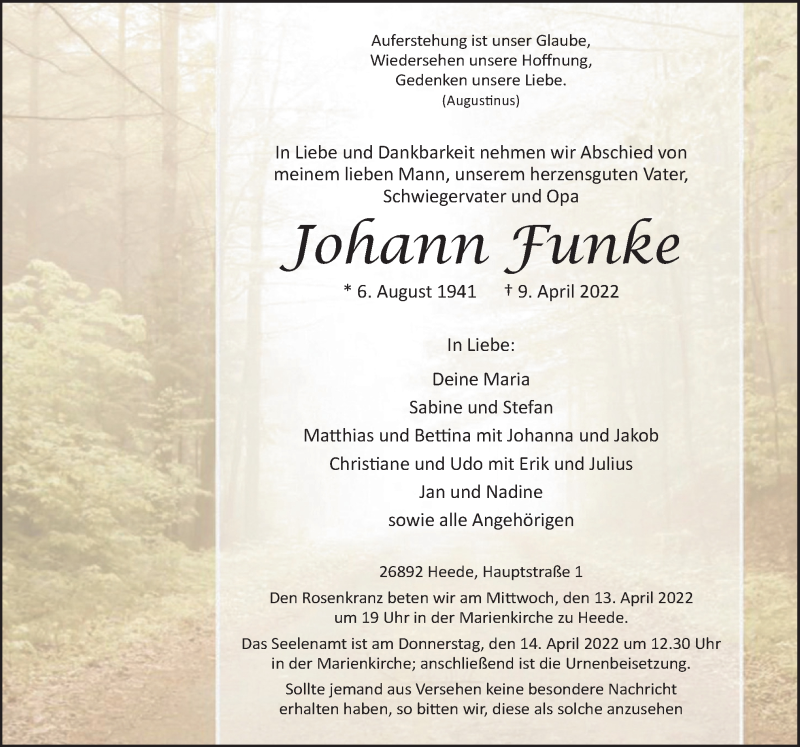  Traueranzeige für Johann Funke vom 11.04.2022 aus Neue Osnabrücker Zeitung GmbH & Co. KG