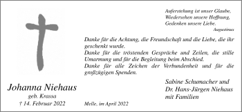 Traueranzeige von Johanna Niehaus von Neue Osnabrücker Zeitung GmbH & Co. KG