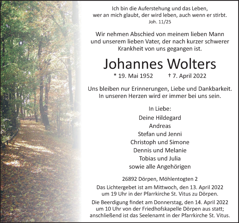  Traueranzeige für Johannes Wolters vom 11.04.2022 aus Neue Osnabrücker Zeitung GmbH & Co. KG