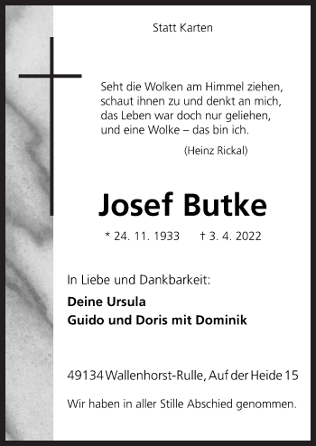 Traueranzeige von Josef Butke von Neue Osnabrücker Zeitung GmbH & Co. KG
