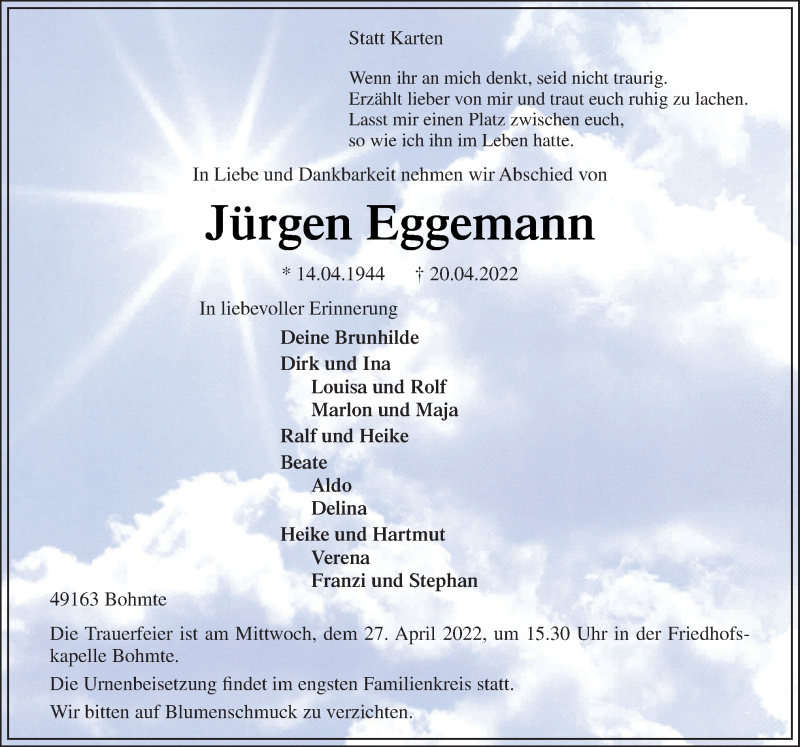  Traueranzeige für Jürgen Eggemann vom 23.04.2022 aus Neue Osnabrücker Zeitung GmbH & Co. KG
