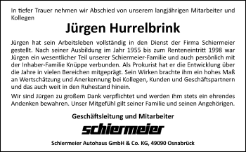 Traueranzeige von Jürgen Hurrelbrink von Neue Osnabrücker Zeitung GmbH & Co. KG