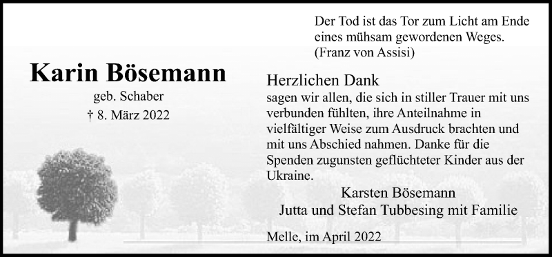  Traueranzeige für Karin Bösemann vom 16.04.2022 aus Neue Osnabrücker Zeitung GmbH & Co. KG