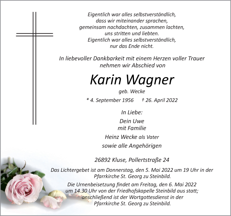 Traueranzeige für Karin Wagner vom 29.04.2022 aus Neue Osnabrücker Zeitung GmbH & Co. KG