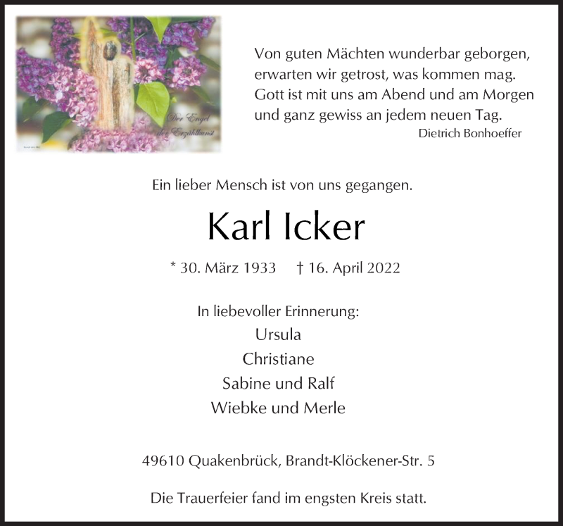  Traueranzeige für Karl Icker vom 30.04.2022 aus Neue Osnabrücker Zeitung GmbH & Co. KG