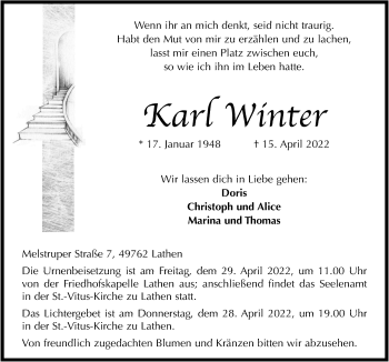 Traueranzeige von Karl Winter von Neue Osnabrücker Zeitung GmbH & Co. KG