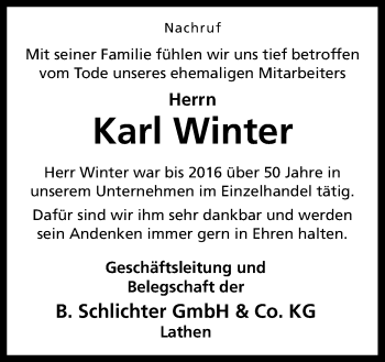 Traueranzeige von Karl Winter von Neue Osnabrücker Zeitung GmbH & Co. KG