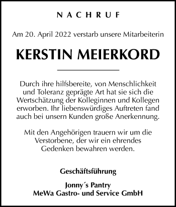 Traueranzeige von Kerstin Meierkord von Neue Osnabrücker Zeitung GmbH & Co. KG