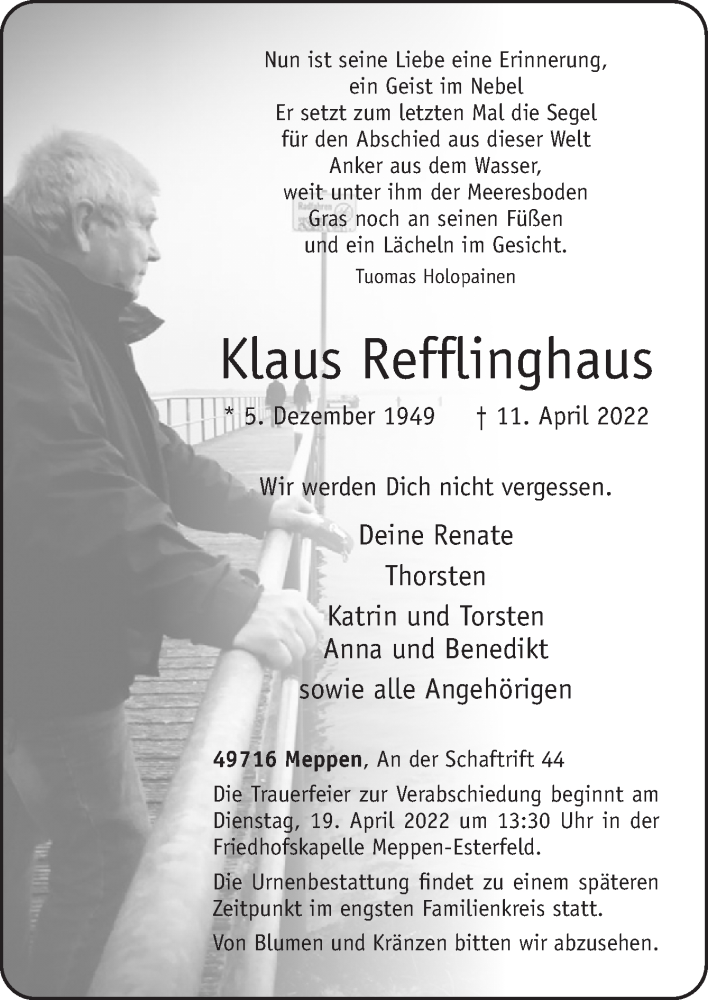  Traueranzeige für Klaus Refflinghaus vom 16.04.2022 aus Neue Osnabrücker Zeitung GmbH & Co. KG