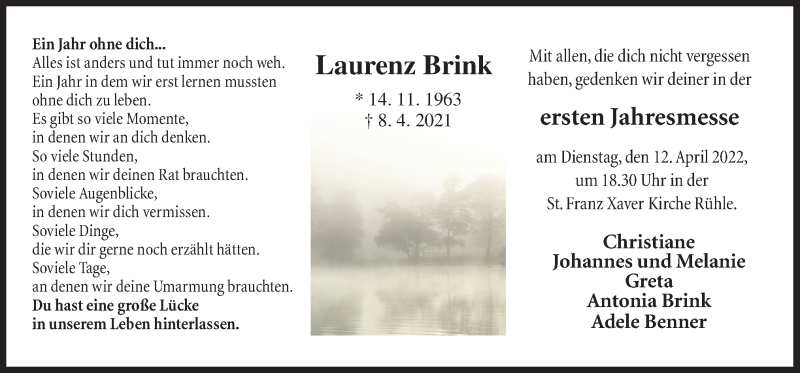  Traueranzeige für Laurenz Brink vom 08.04.2022 aus Neue Osnabrücker Zeitung GmbH & Co. KG