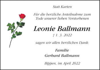 Traueranzeige von Leonie Ballmann von Neue Osnabrücker Zeitung GmbH & Co. KG