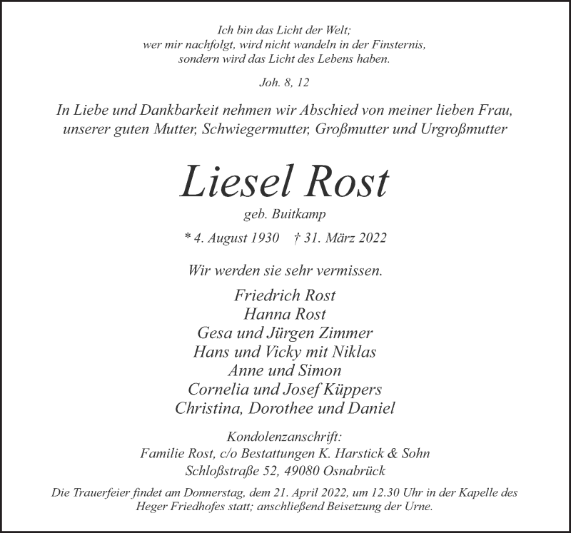  Traueranzeige für Liesel Rost vom 16.04.2022 aus Neue Osnabrücker Zeitung GmbH & Co. KG