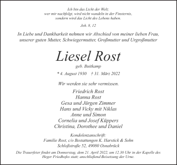 Traueranzeige von Liesel Rost von Neue Osnabrücker Zeitung GmbH & Co. KG