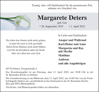 Traueranzeige von Margarete Deters von Neue Osnabrücker Zeitung GmbH & Co. KG