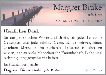 Traueranzeige von Margret Brake von Neue Osnabrücker Zeitung GmbH & Co. KG