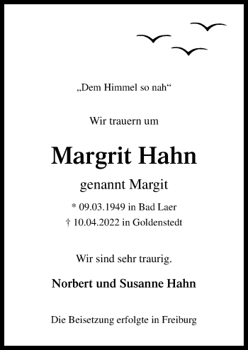 Traueranzeige von Margrit Hahn von Neue Osnabrücker Zeitung GmbH & Co. KG