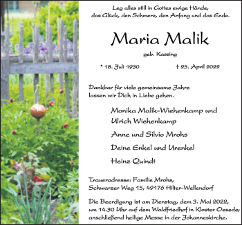 Traueranzeige von Maria Malik von Neue Osnabrücker Zeitung GmbH & Co. KG