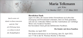 Traueranzeige von Maria Telkmann von Neue Osnabrücker Zeitung GmbH & Co. KG