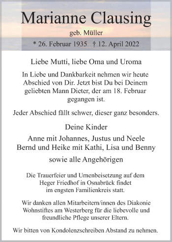 Traueranzeige von Marianne Clausing von Neue Osnabrücker Zeitung GmbH & Co. KG