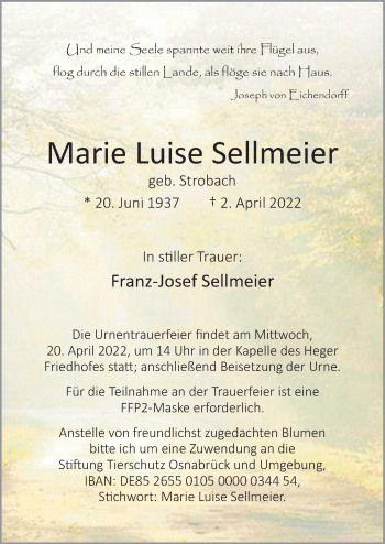 Traueranzeige von Marie Luise Sellmeier von Neue Osnabrücker Zeitung GmbH & Co. KG