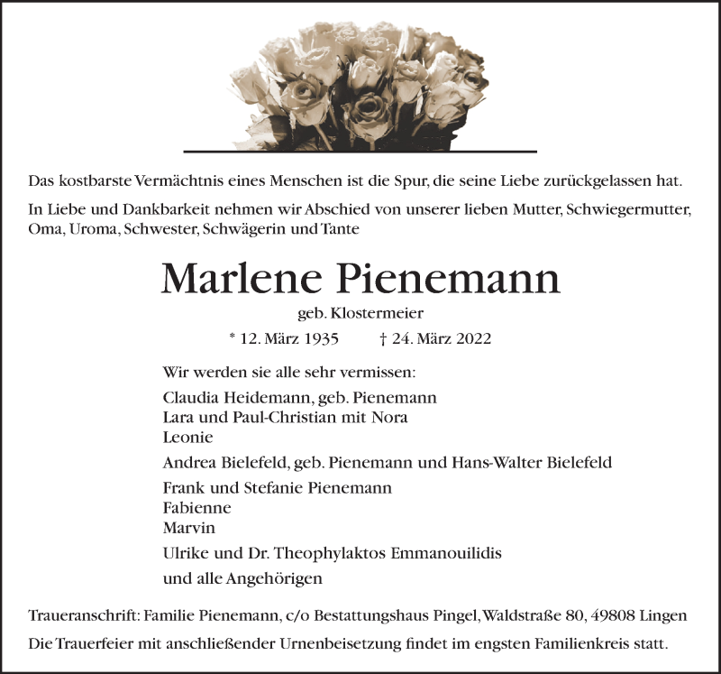  Traueranzeige für Marlene Pienemann vom 09.04.2022 aus Neue Osnabrücker Zeitung GmbH & Co. KG