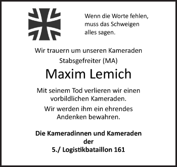 Traueranzeige von Maxim Lemich von Neue Osnabrücker Zeitung GmbH & Co. KG
