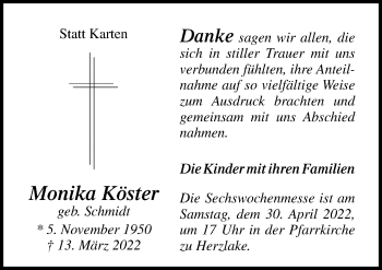 Traueranzeige von Monika Köster von Neue Osnabrücker Zeitung GmbH & Co. KG