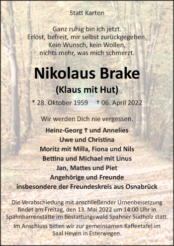 Traueranzeige von Nikolaus Brake von Neue Osnabrücker Zeitung GmbH & Co. KG