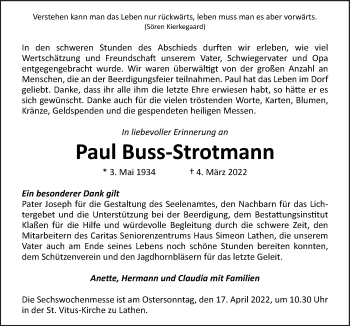 Traueranzeige von Paul Buss-Strotmann von Neue Osnabrücker Zeitung GmbH & Co. KG